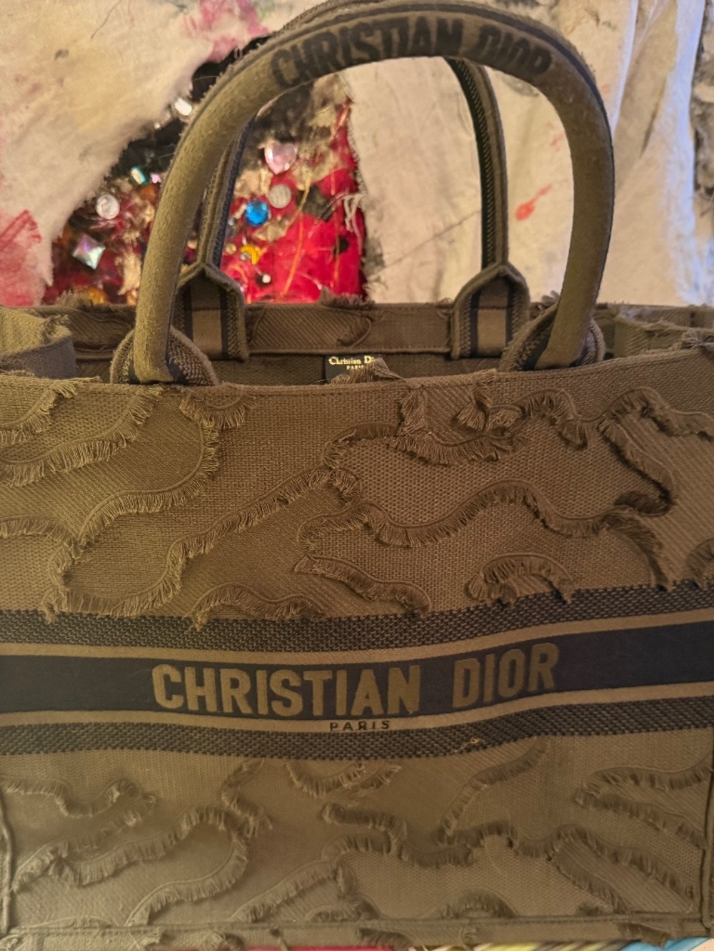 Christian Dior Book Tote in a green camouflage embroidered canvas